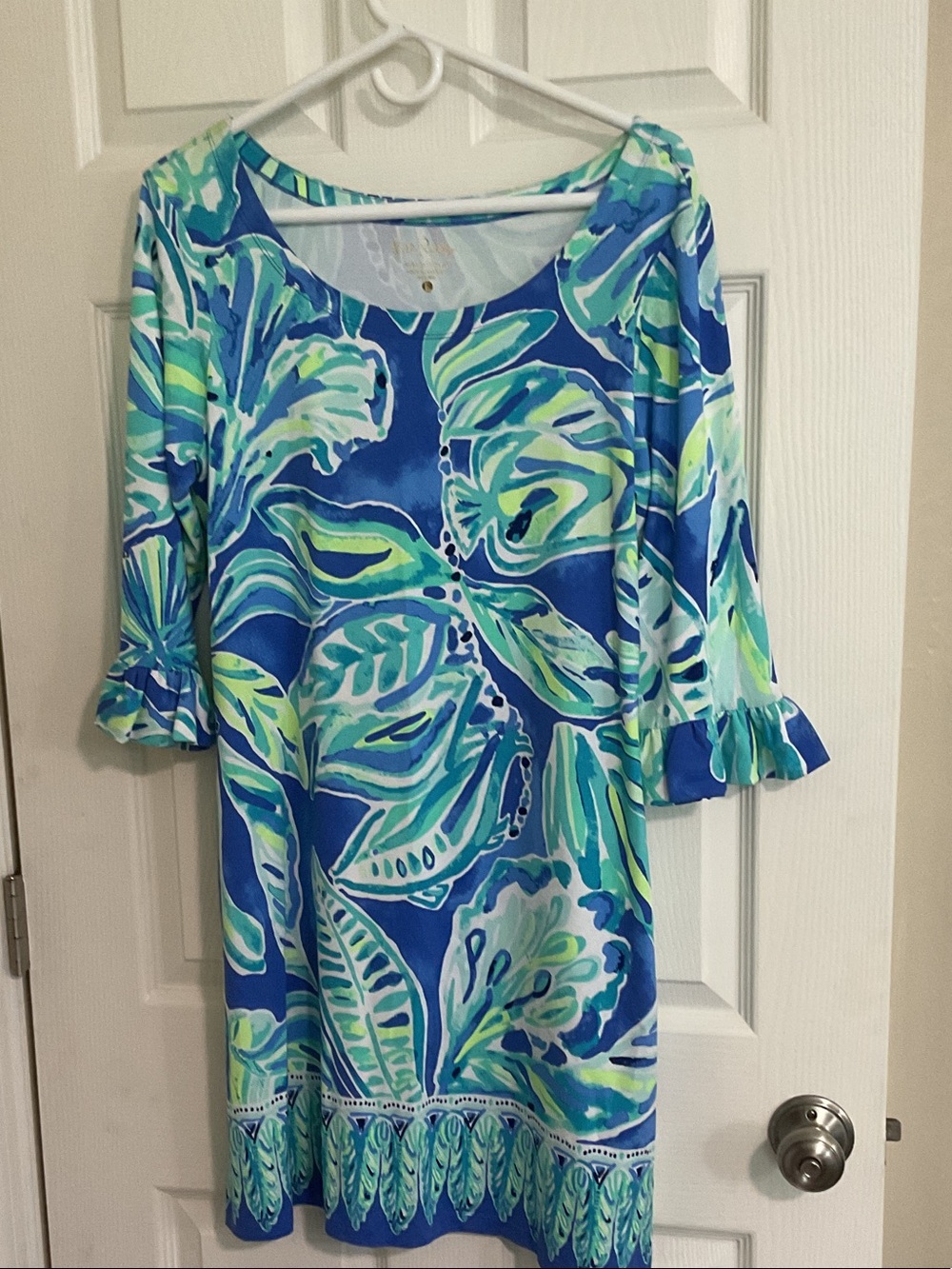 Lilly Pulitzer Blue, Aqua & Lime Leaf Print Shift Dress